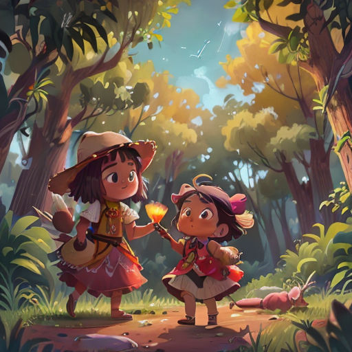 two children in a forest with a light in their hand and a forest background with trees and leaves, and a forest with a few animals