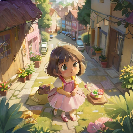 a little girl in a pink dress is standing in the street with a plate of food in her hand