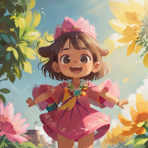 a cartoon girl in a pink dress standing in a field of flowers with her arms out and her hands out