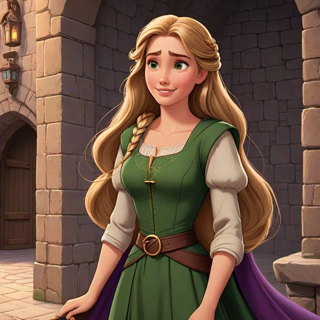 a cartoon of a woman in a green dress and a purple cape with a sword in her hand and a castle in the background, sots art, a character portrait, Clarice Beckett, official art