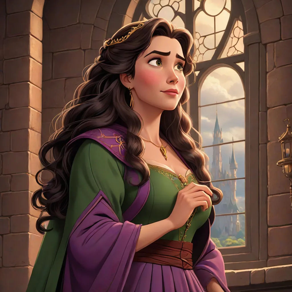 a woman in a purple dress standing in front of a window with a castle in the background and a clock tower, sots art, a character portrait, Edwin Georgi, official art