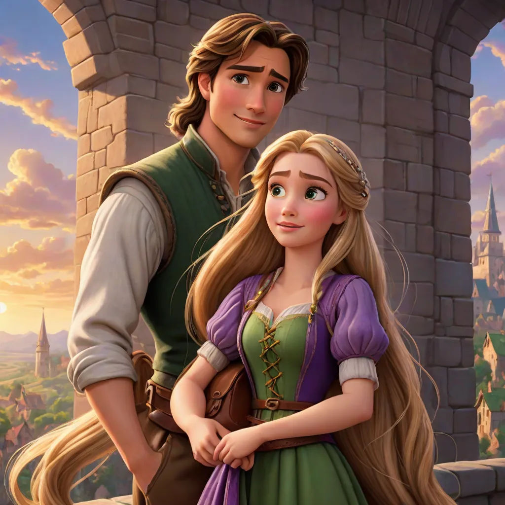 a man and a woman standing next to each other in front of a castle wall with a castle in the background, american romanticism, a storybook illustration, disney, official art