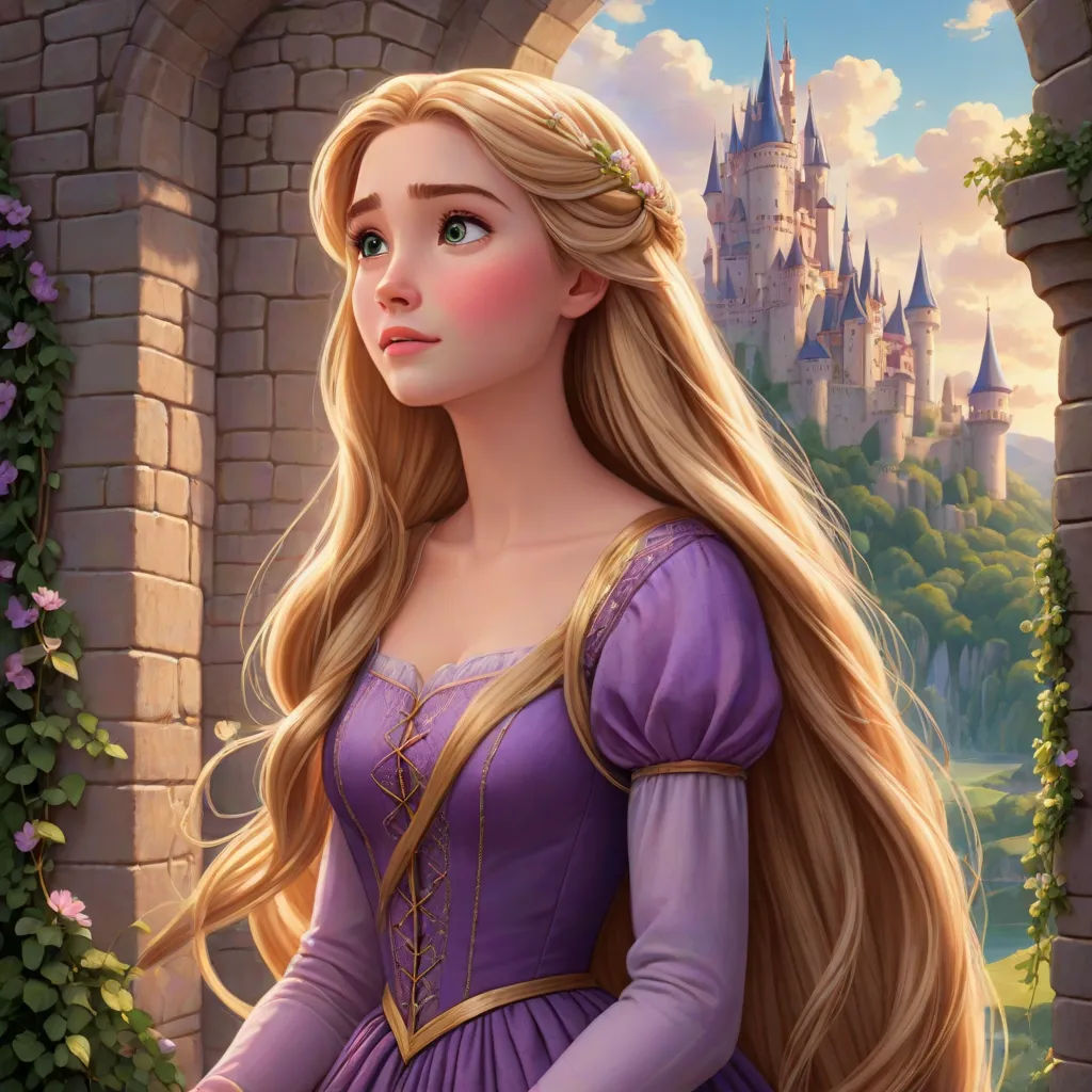 a beautiful blonde haired girl in a purple dress standing in front of a castle with a castle in the background, fantasy art, a storybook illustration, disney, rossdraws global illumination