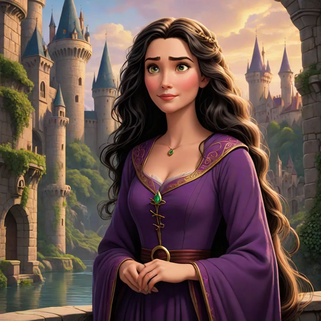 a woman in a purple dress standing in front of a castle with a castle in the background and a green necklace on, fantasy art, a character portrait, Anne Stokes, kinkade