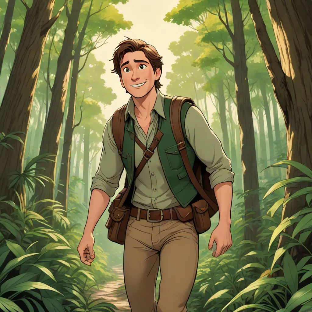 a man in a forest with a backpack on walking through the woods with a smile on his face and a smile on his face, furry art, a character portrait, Charles Fremont Conner, rossdraws global illumination