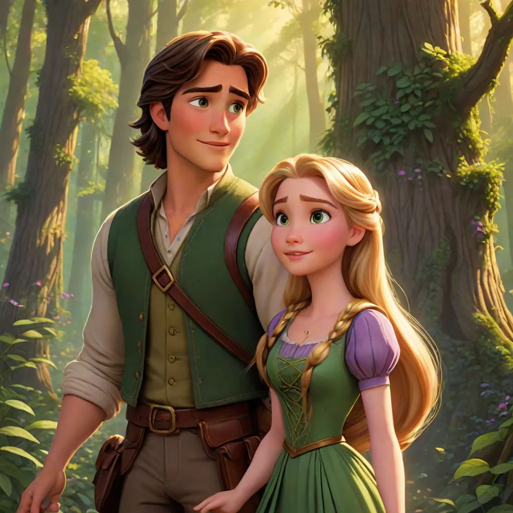 a man and a woman in a forest with trees and bushes behind them, both wearing green dresses and holding hands, neo-romanticism, a poster, disney, official art