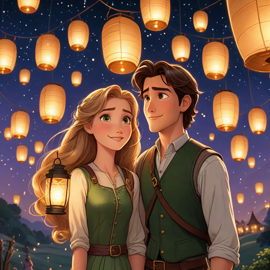 a couple standing next to each other under lanterns in the sky at night with a sky lantern in the background, neo-romanticism, a storybook illustration, disney, rossdraws global illumination