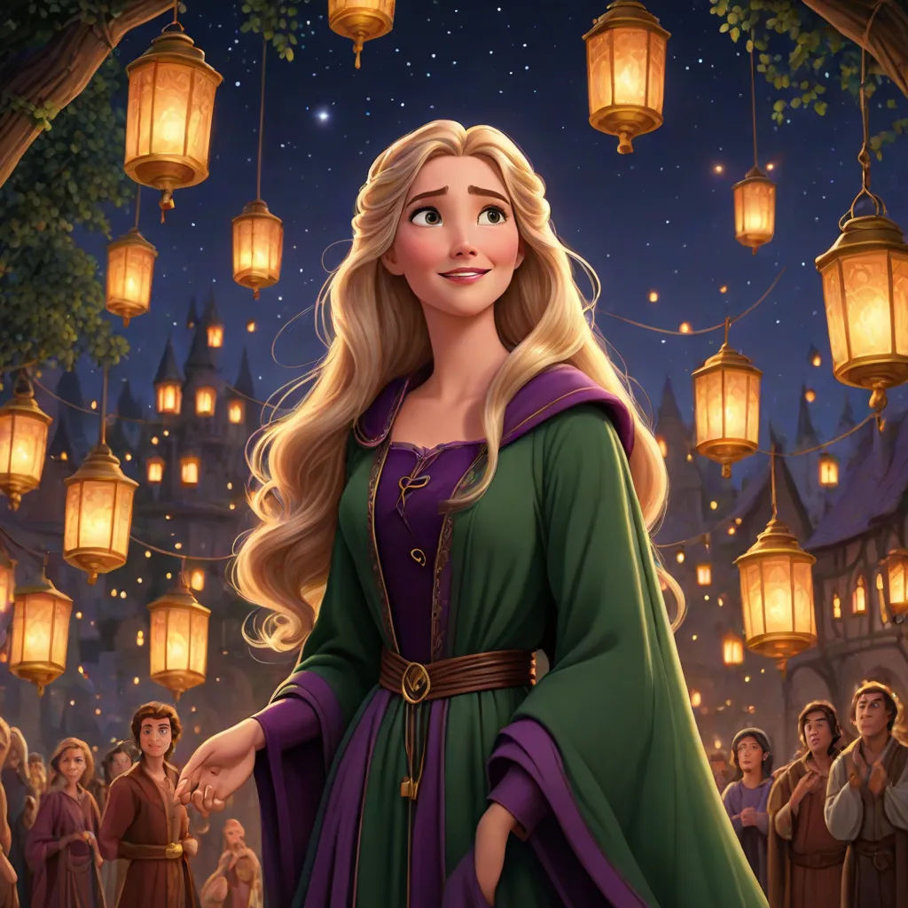 a cartoon of a woman in a green dress and purple cape with a crowd of people in the background, fantasy art, a storybook illustration, disney, official art