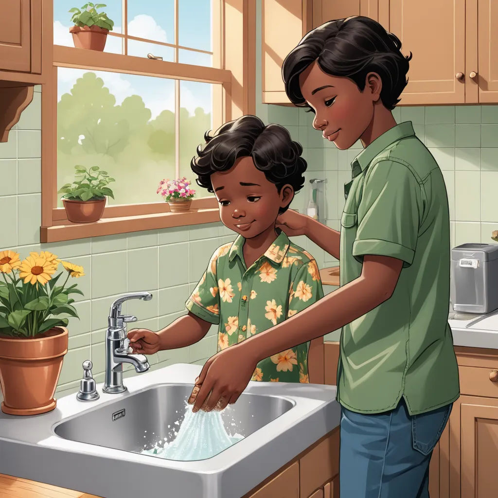 a woman and a child washing their hands in a sink in a kitchen with sunflowers on the window sill, american scene painting, a storybook illustration, Anthony Devas, storybook illustration