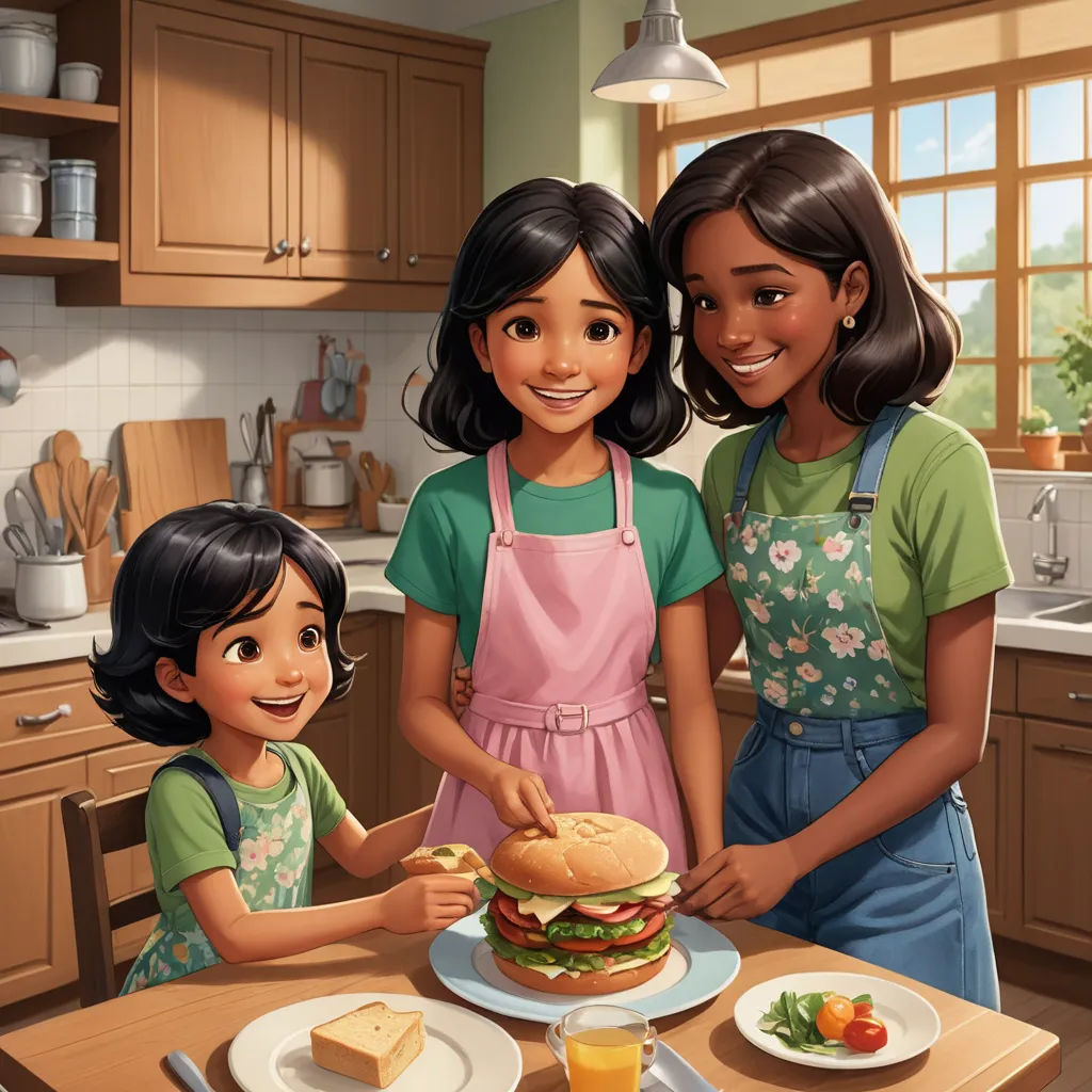 a cartoon of three girls standing around a table with a sandwich on it and a plate of food on the table, american scene painting, a storybook illustration, Chris LaBrooy, promotional image