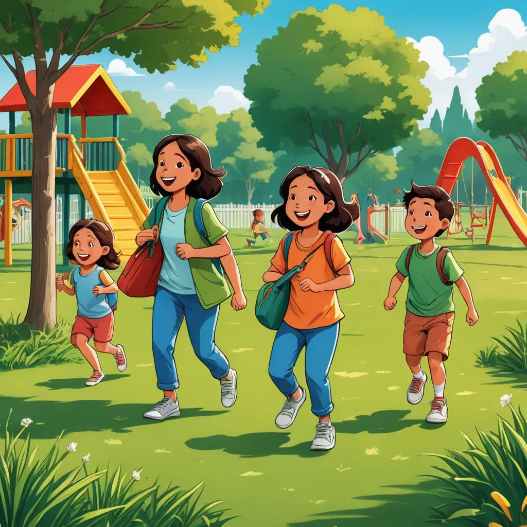 a group of children walking through a park with a playground in the background and a slide in the background, lyco art, a storybook illustration, Anthony Devas, storybook illustration