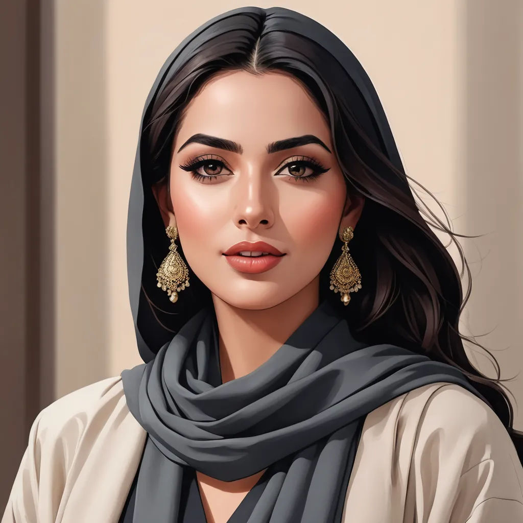a woman with a scarf and earrings on her head and a dress on her body and a scarf around her neck, qajar art, a digital painting, Charlie Bowater, professional digital painting