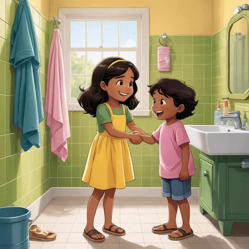 a little girl and a little boy shaking hands in a bathroom with green tiles on the walls and a sink, american scene painting, a storybook illustration, Ella Guru, promotional image