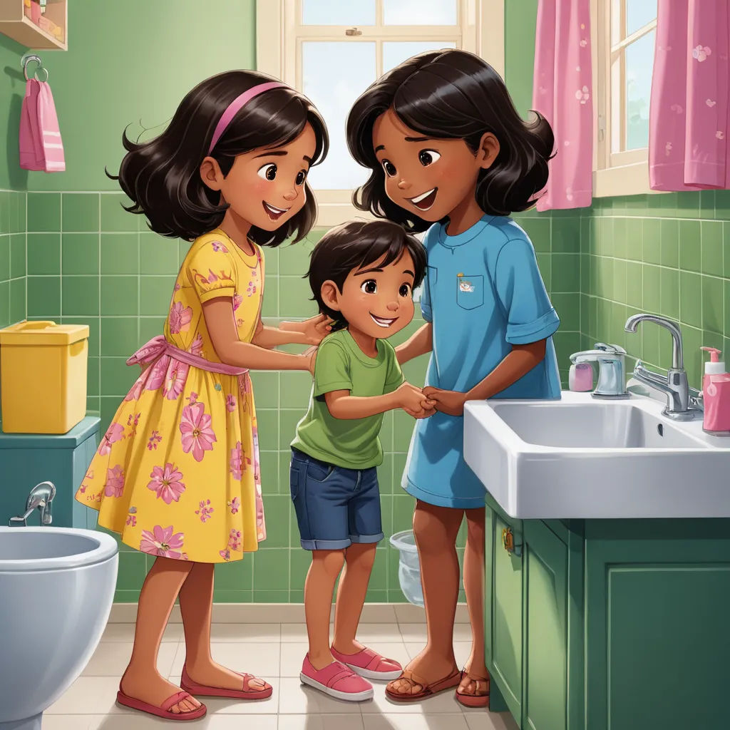 a cartoon of a family in the bathroom together, with a sink and toilet in the background and a window, american scene painting, a storybook illustration, Ella Guru, promotional image