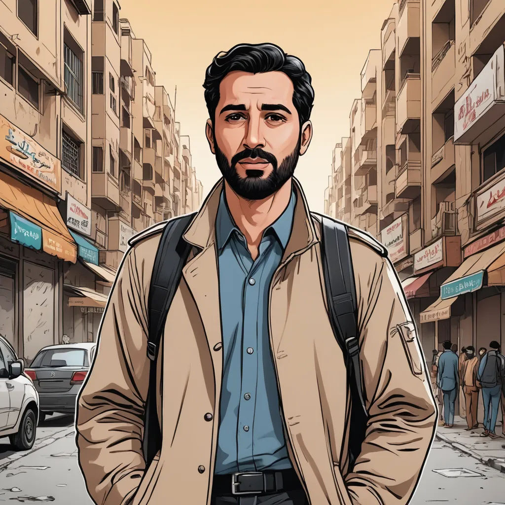 a man with a backpack standing in the street in front of a building with a sign that says,, serial art, a character portrait, Asaf Hanuka, character portrait