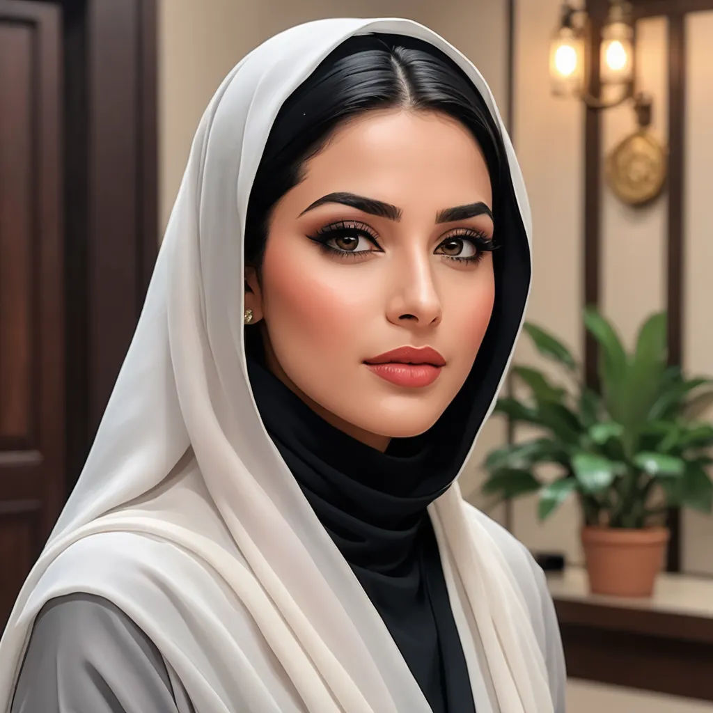 a woman in a hijab is posing for a picture in a room with a potted plant, hurufiyya, a photorealistic painting, Bouchta El Hayani, realistic shaded perfect face