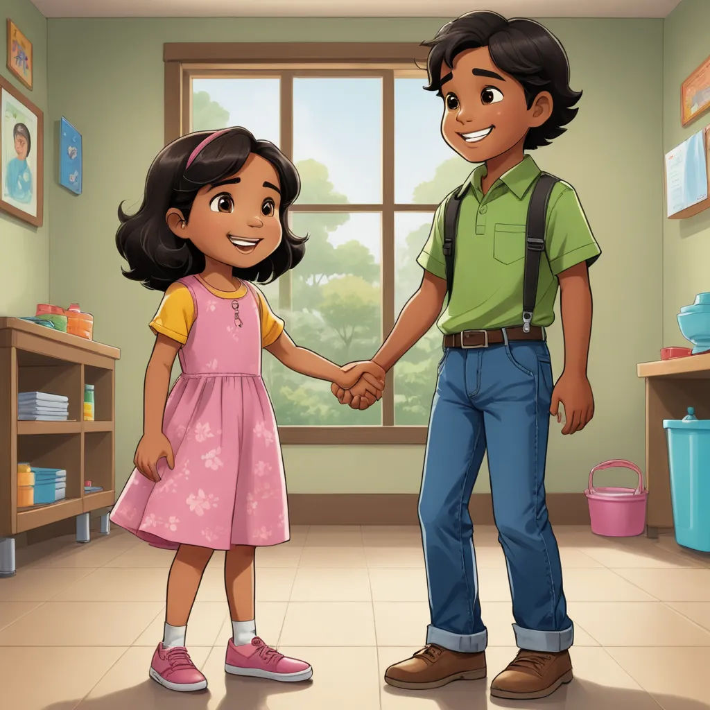 a boy and a girl holding hands in a room with a window and shelves of books on the wall, lyco art, a storybook illustration, Anthony Devas, promotional image