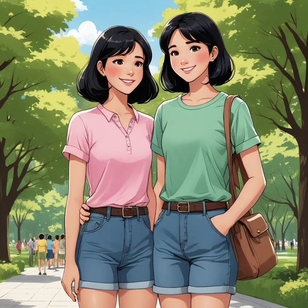 two women standing next to each other in a park with trees and people in the background, one of them wearing a pink shirt and blue shorts, serial art, a stock photo, Dai Xi, comic cover art