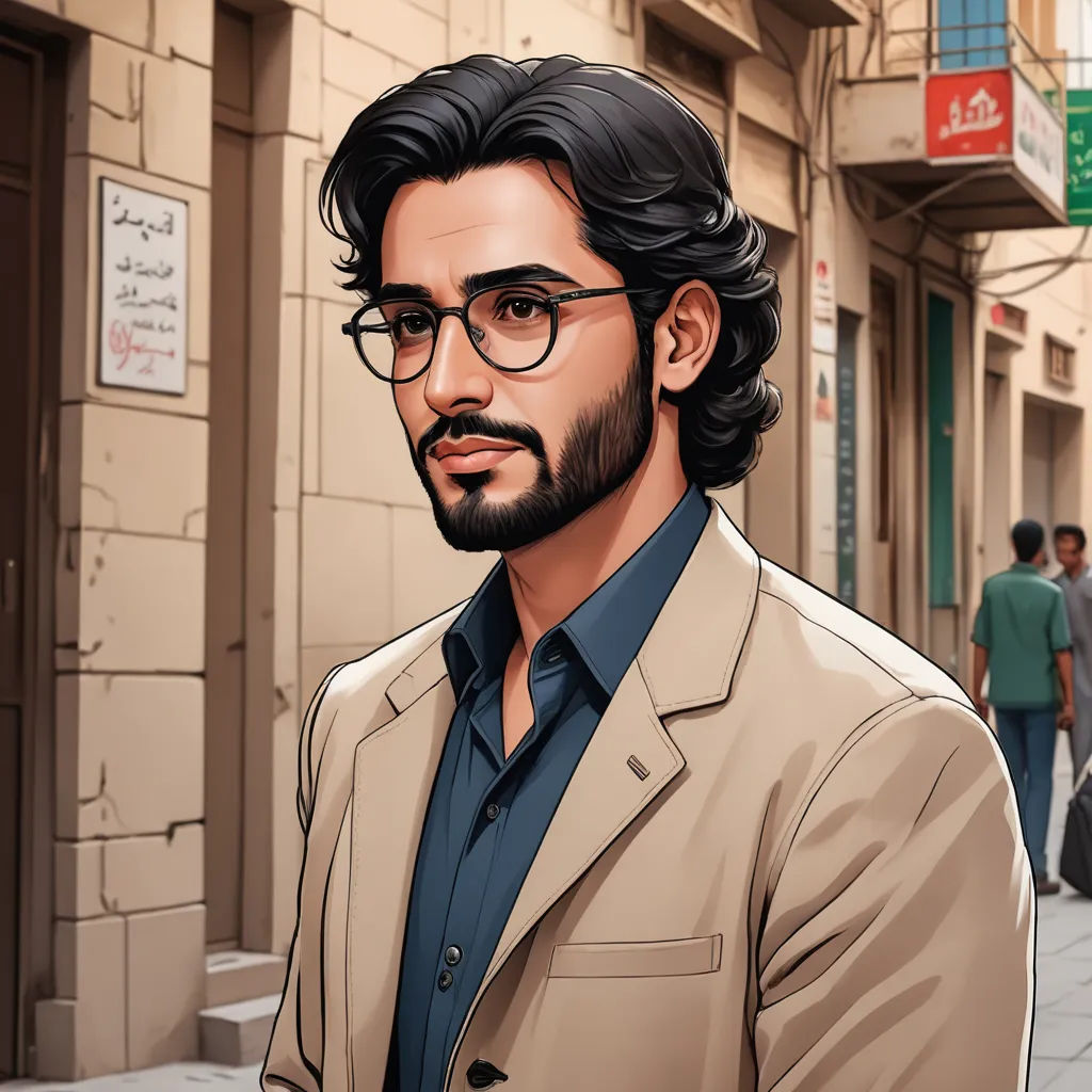 a man with glasses and a beard is standing in front of a building with people walking by and a sign that says,, serial art, a character portrait, Ahmed Karahisari, character portrait