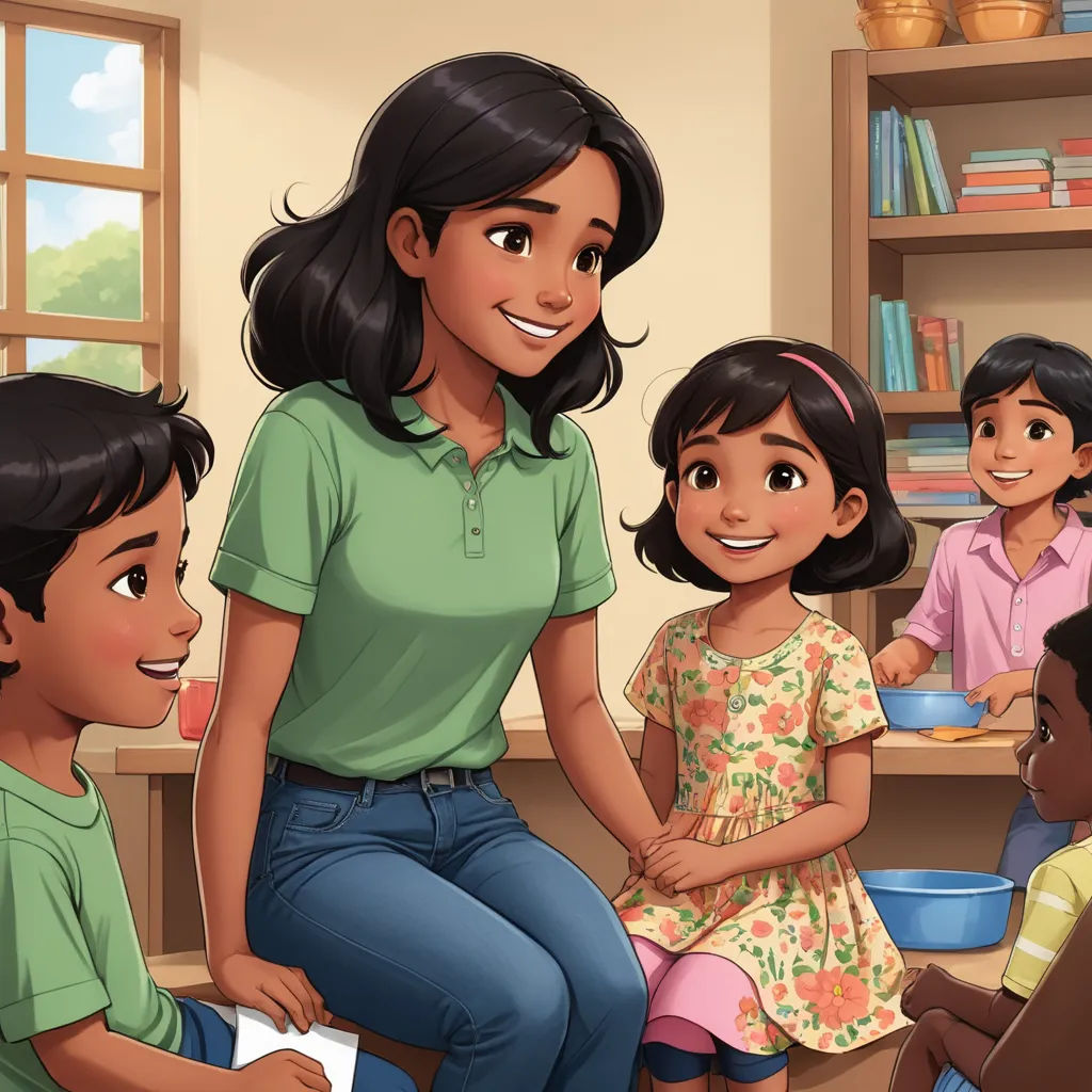 a woman sitting on a chair with children in a room behind her and a bookcase behind her with books, american scene painting, a storybook illustration, Ella Guru, storybook illustration
