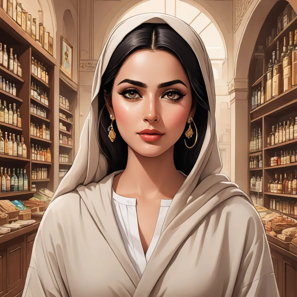 a woman in a store with a large collection of bottles on shelves behind her and a large hoop earrings on her head, fantasy art, egyptian art, Charlie Bowater, game art
