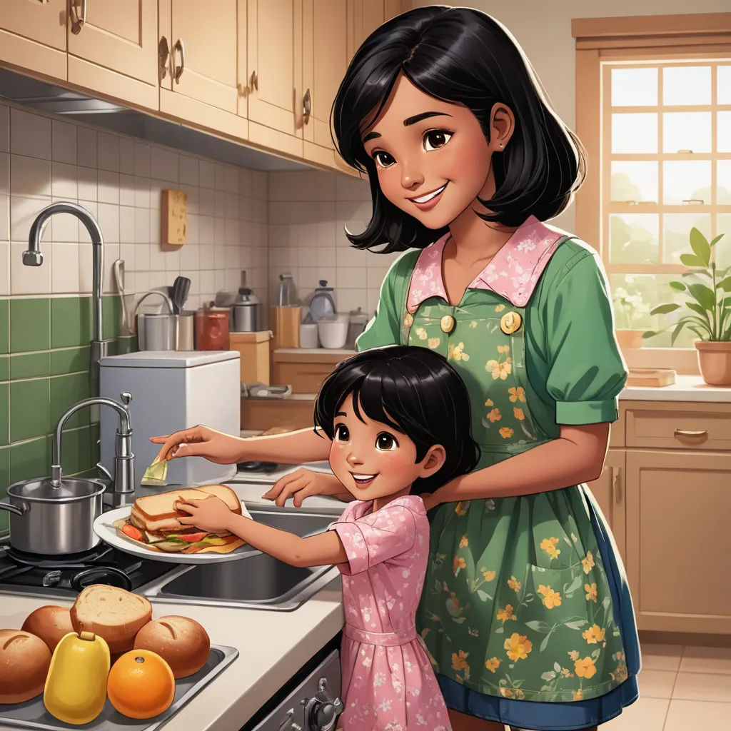 a woman and a child are in the kitchen cooking together, and the child is holding a plate of food, american scene painting, a storybook illustration, Alejandro Burdisio, storybook illustration