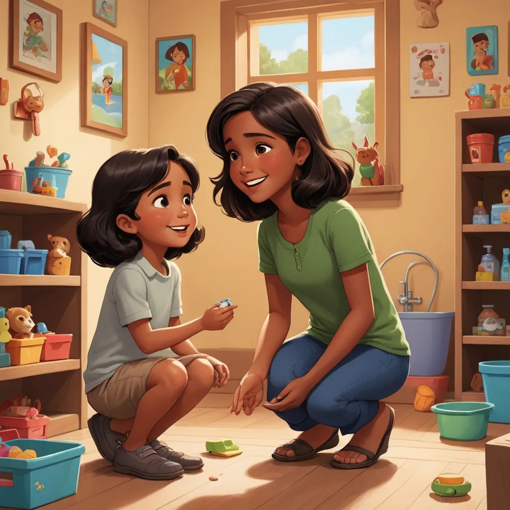 a woman kneeling down next to a little girl on the floor in a room filled with toys and other items, american scene painting, a storybook illustration, Ella Guru, storybook illustration
