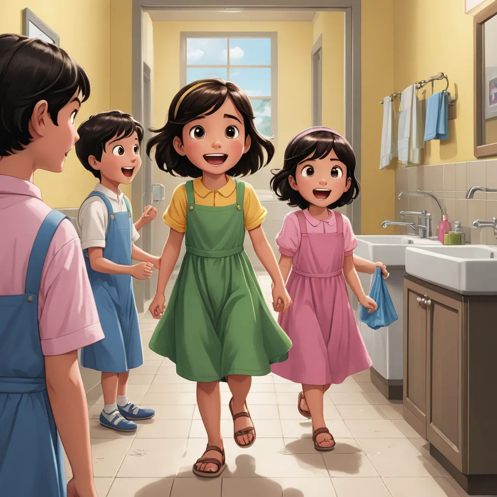 a group of children standing in a bathroom together, with a woman in the middle of the room holding a blue towel, paris school, a storybook illustration, Fernando Amorsolo, official art
