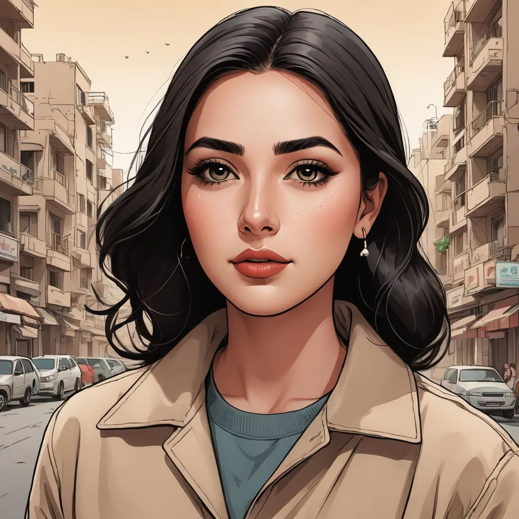 a woman with black hair and a tan shirt on a city street with buildings and cars in the background, photorealism, a comic book panel, Artgerm, stanley artgerm lau