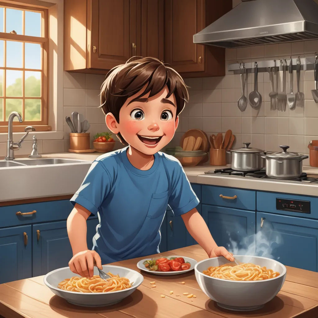 a boy is eating spaghetti in the kitchen with a spoon and a bowl of spaghetti in front of him, sots art, a storybook illustration, Alejandro Burdisio, storybook illustration