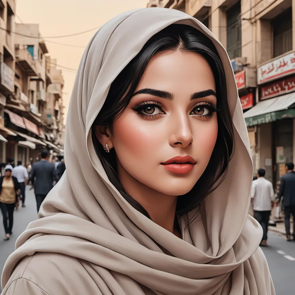 a woman in a headscarf on a street with people walking around her and a man walking down the street, hurufiyya, a photorealistic painting, Bouchta El Hayani, realistic shaded perfect face