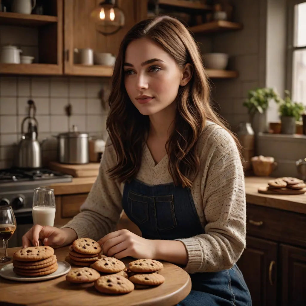 a woman sitting at a table with cookies and milk in front of her and a plate of cookies on the table, hyperrealism, a stock photo, Anna Hotchkis, leesha hannigan