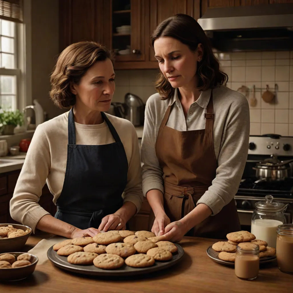 two women in aprons are making cookies on a counter top in a kitchen with a pan of cookies, serial art, a poster, Dorothy Coke, promotional image