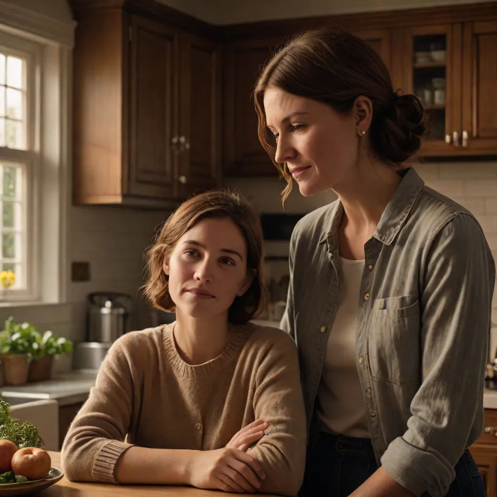 a woman standing next to a woman in a kitchen with a plate of food on the counter and a bowl of vegetables on the counter, fine art, a poster, Elinor Proby Adams, promotional image