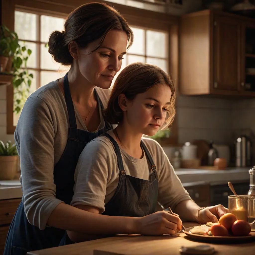 a woman and a girl are preparing food in a kitchen together, one of them is cutting apples and the other is looking at a plate, visual art, a stock photo, Elinor Proby Adams, promotional image