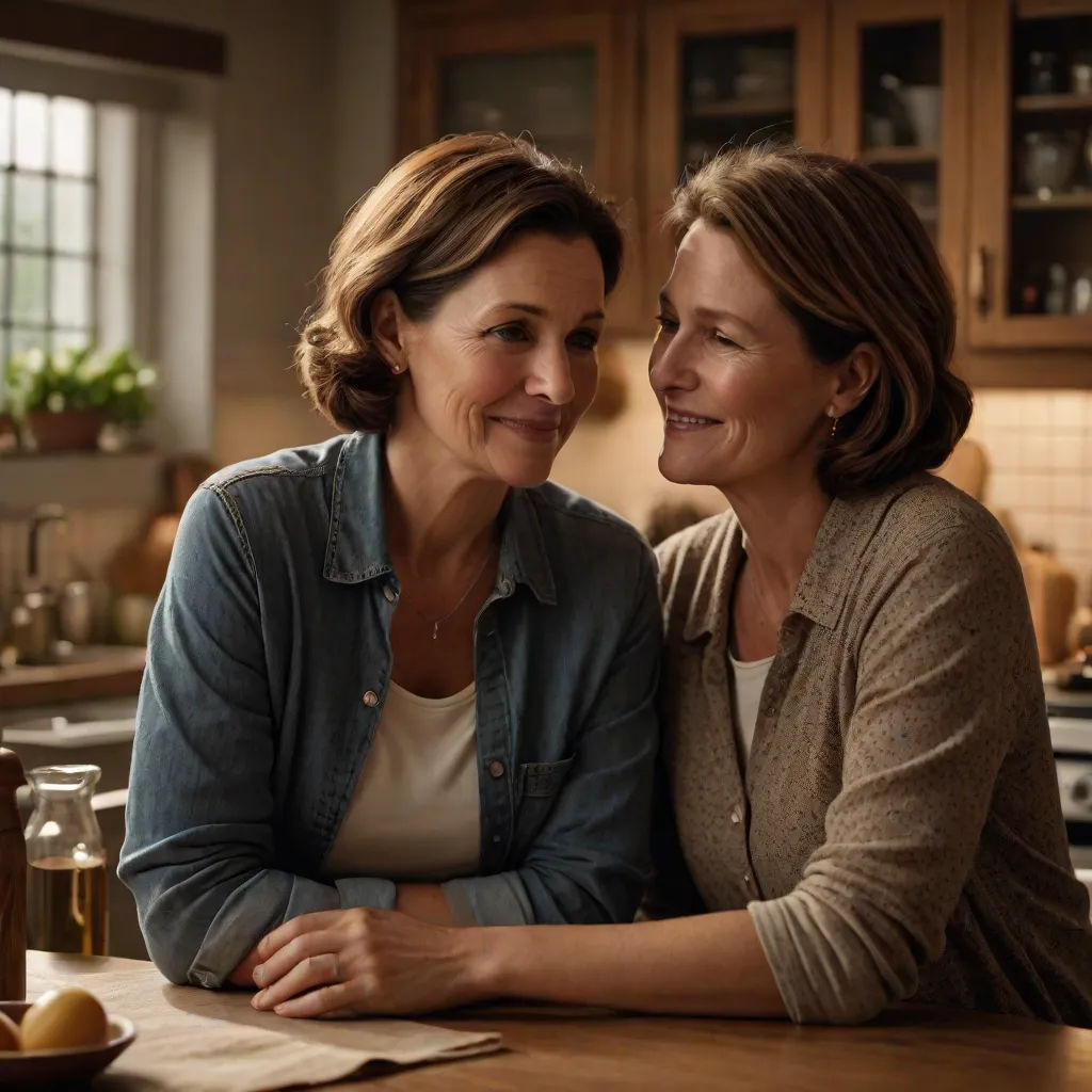 two women sitting at a kitchen counter smiling at each other's faces, with a bottle of wine in the foreground, lyco art, a stock photo, Christian Hilfgott Brand, promotional image