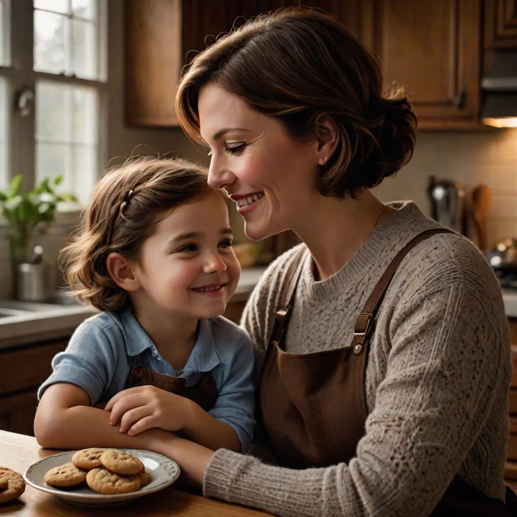 a woman and a child are smiling at a plate of cookies on a counter top in a kitchen with a window, photorealism, a stock photo, Beatrice Huntington, promotional image