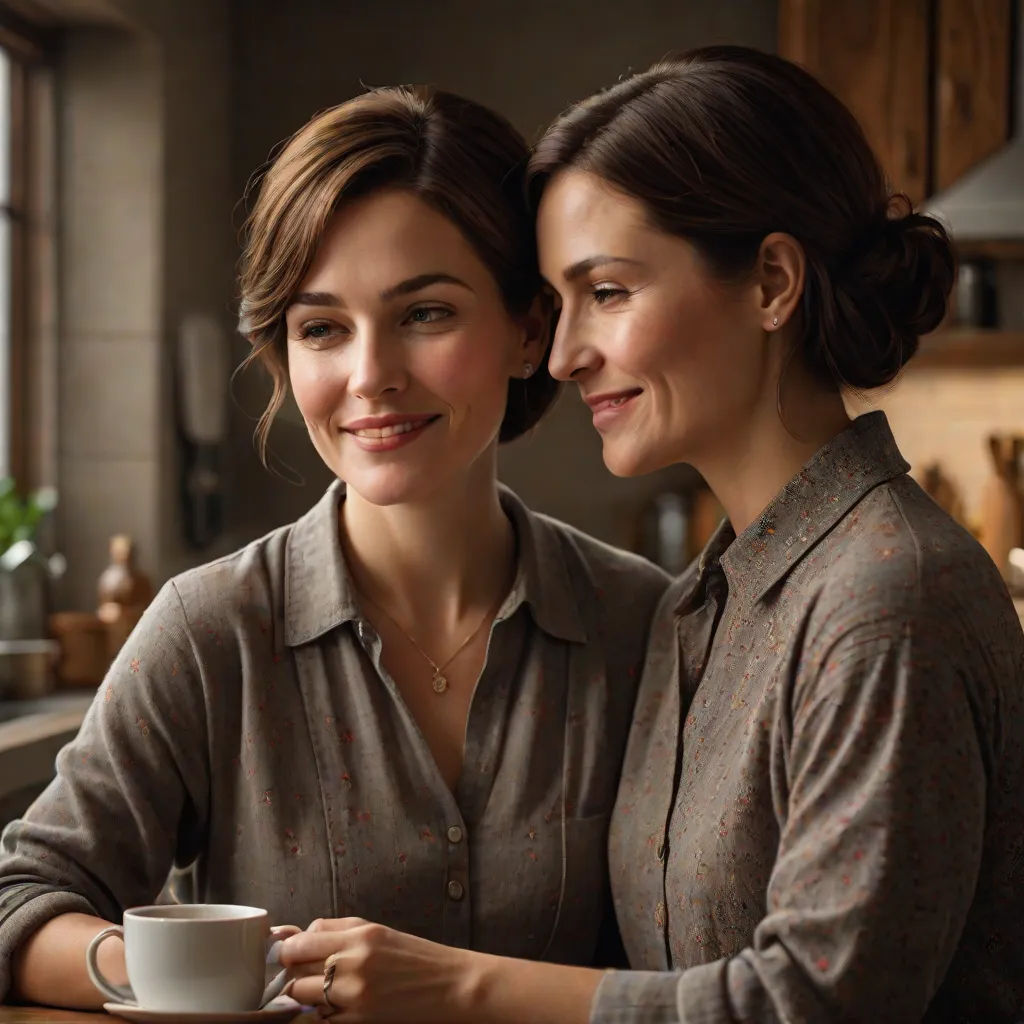 two women sitting at a table with a cup of coffee in front of them and smiling at the camera, verdadism, a stock photo, Christian Hilfgott Brand, promotional image