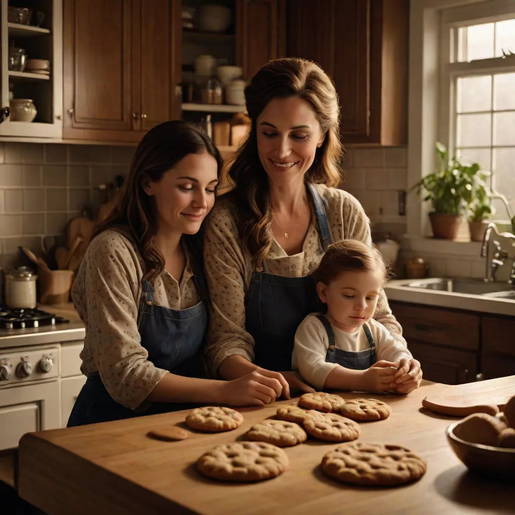 a woman and a child are making cookies together in the kitchen with a wooden table and a wooden counter, photorealism, a stock photo, Claire Hummel, promotional image