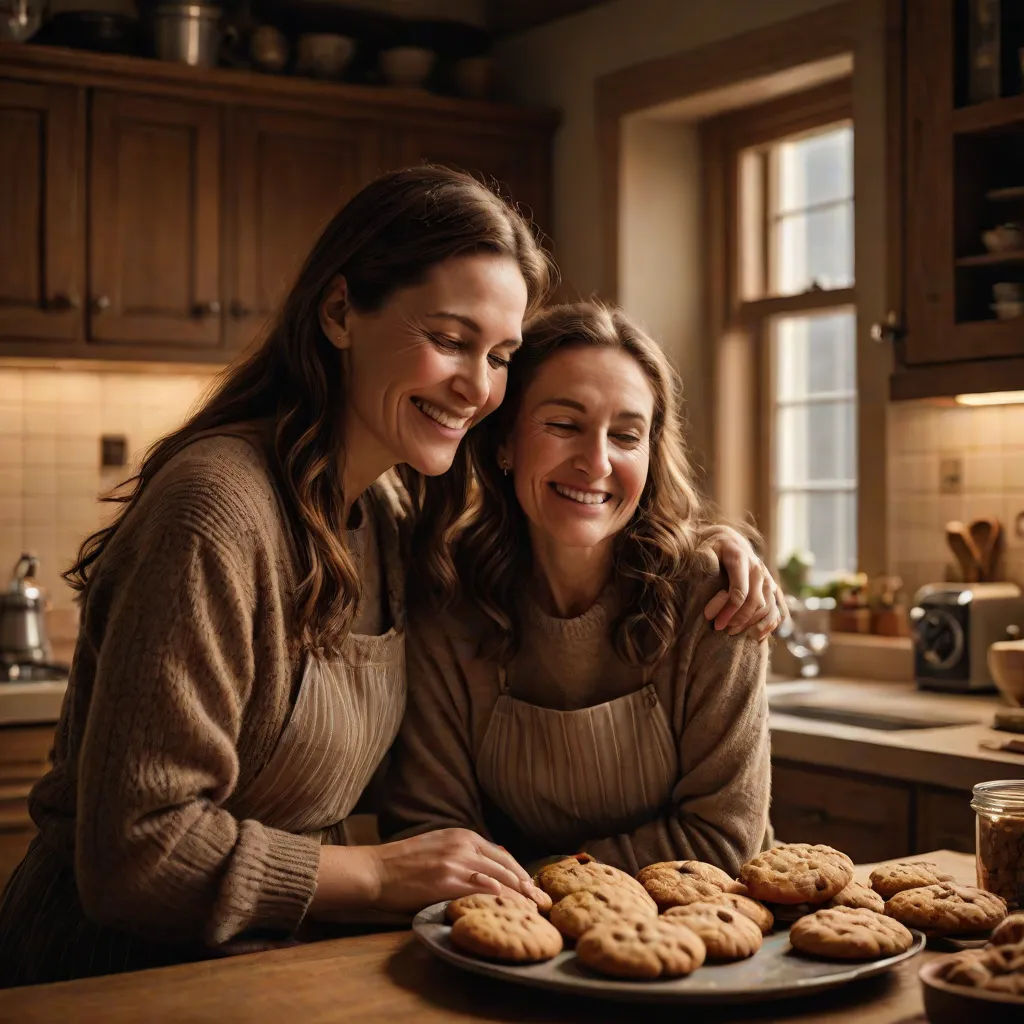 two women are smiling while looking at cookies on a plate on a kitchen counter top with a plate of cookies, hyperrealism, a stock photo, Dorothy Coke, promotional image