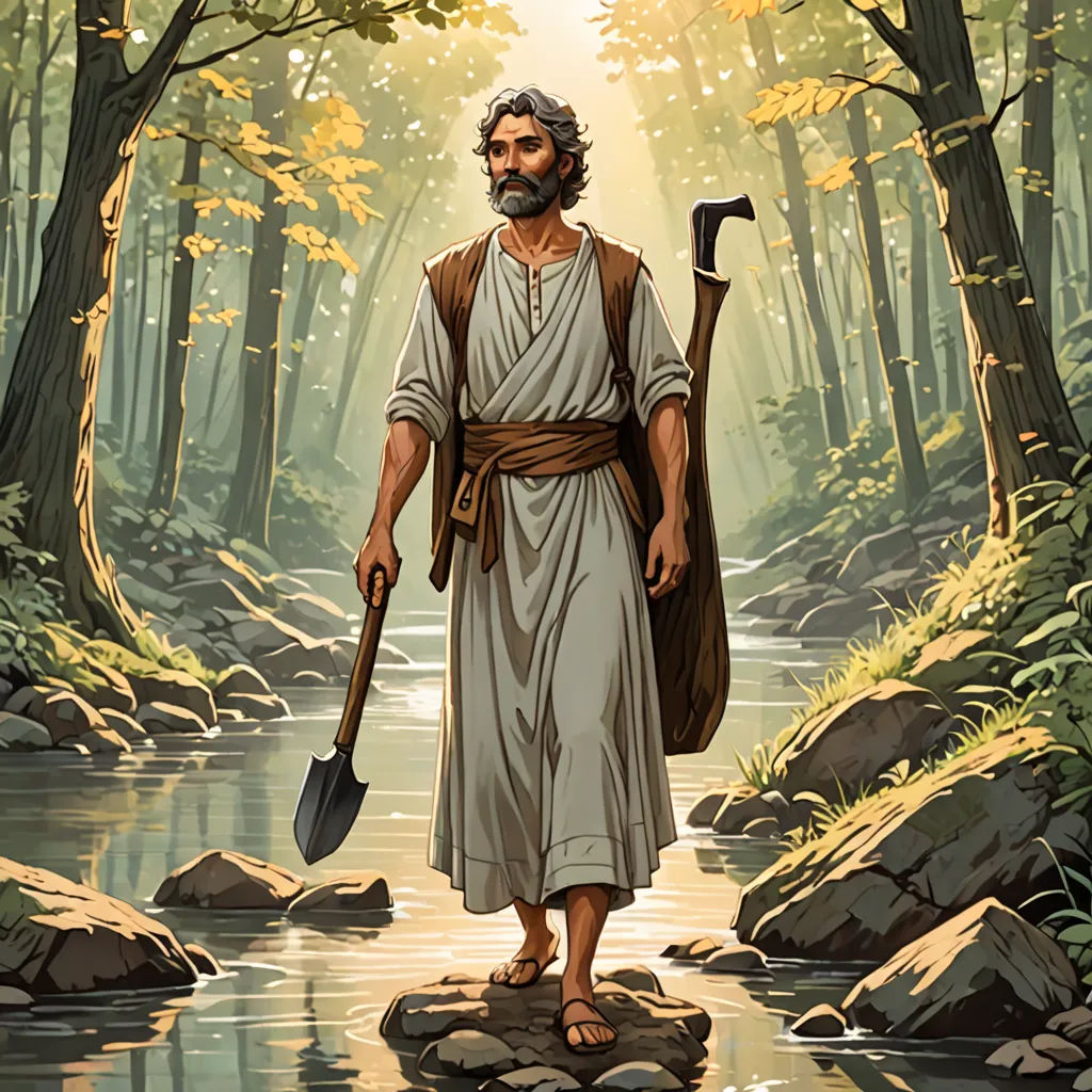a painting of a man with a shovel and a staff walking through a forest with a stream of water, primitivism, a character portrait, Adam Saks, official art
