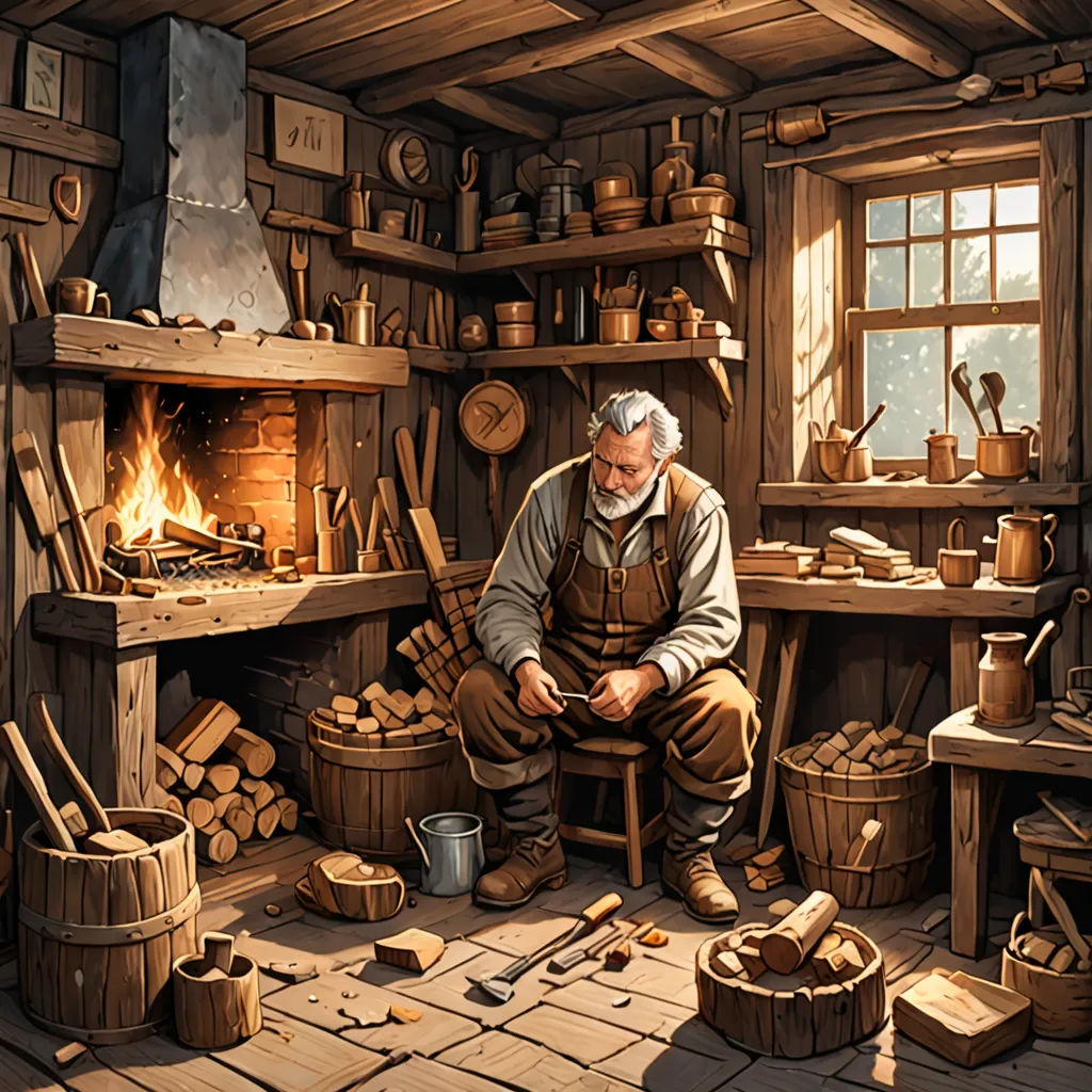 a man sitting in a room filled with lots of wood and a fire place next to a fire place, fantasy art, computer graphics, Brothers Hildebrandt, highly detailed digital painting