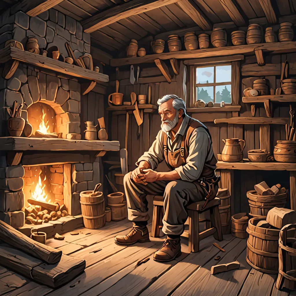a man sitting in a room with a fire place and a lot of pots on the wall and a fire place, fantasy art, a storybook illustration, Dan Mumford, highly detailed digital painting