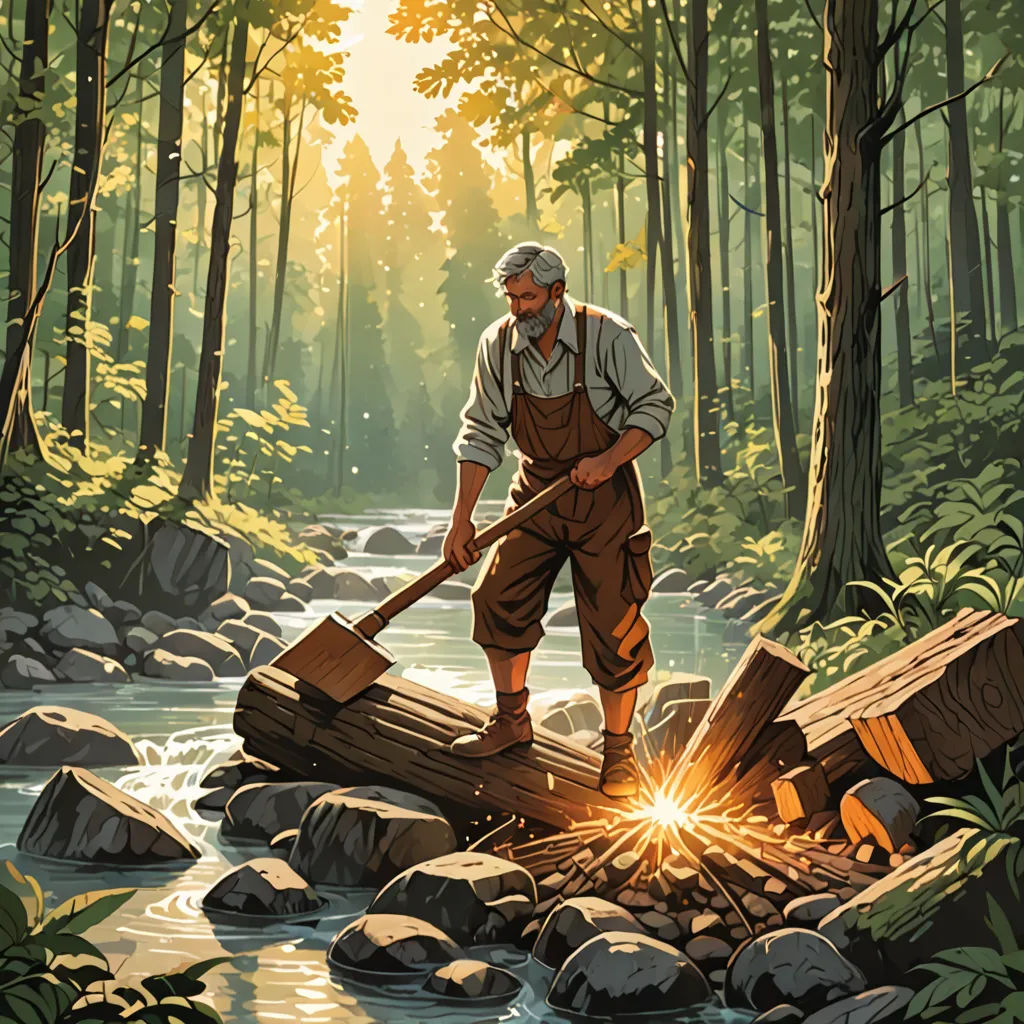 a man is standing on a log in the woods with a bright light shining on him and a river running through the woods, primitivism, a storybook illustration, Dan Mumford, dan mumford. octane render