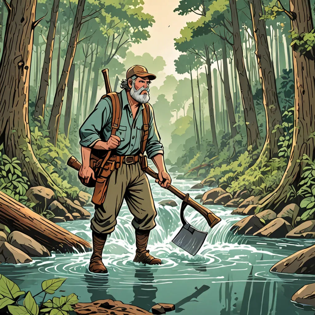 a man with a beard and a beard holding a shovel in a river surrounded by trees and rocks, with a stream running through it, environmental art, a storybook illustration, Dan Mumford, western comic book art
