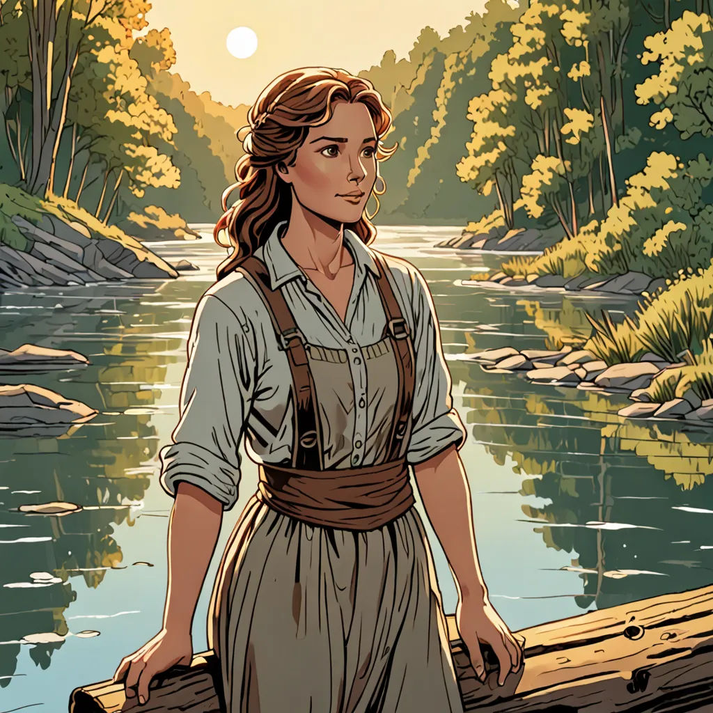a woman in a brown dress standing on a log in a river with a forest in the background and a sun setting, process art, poster art, Dan Mumford, comic cover art