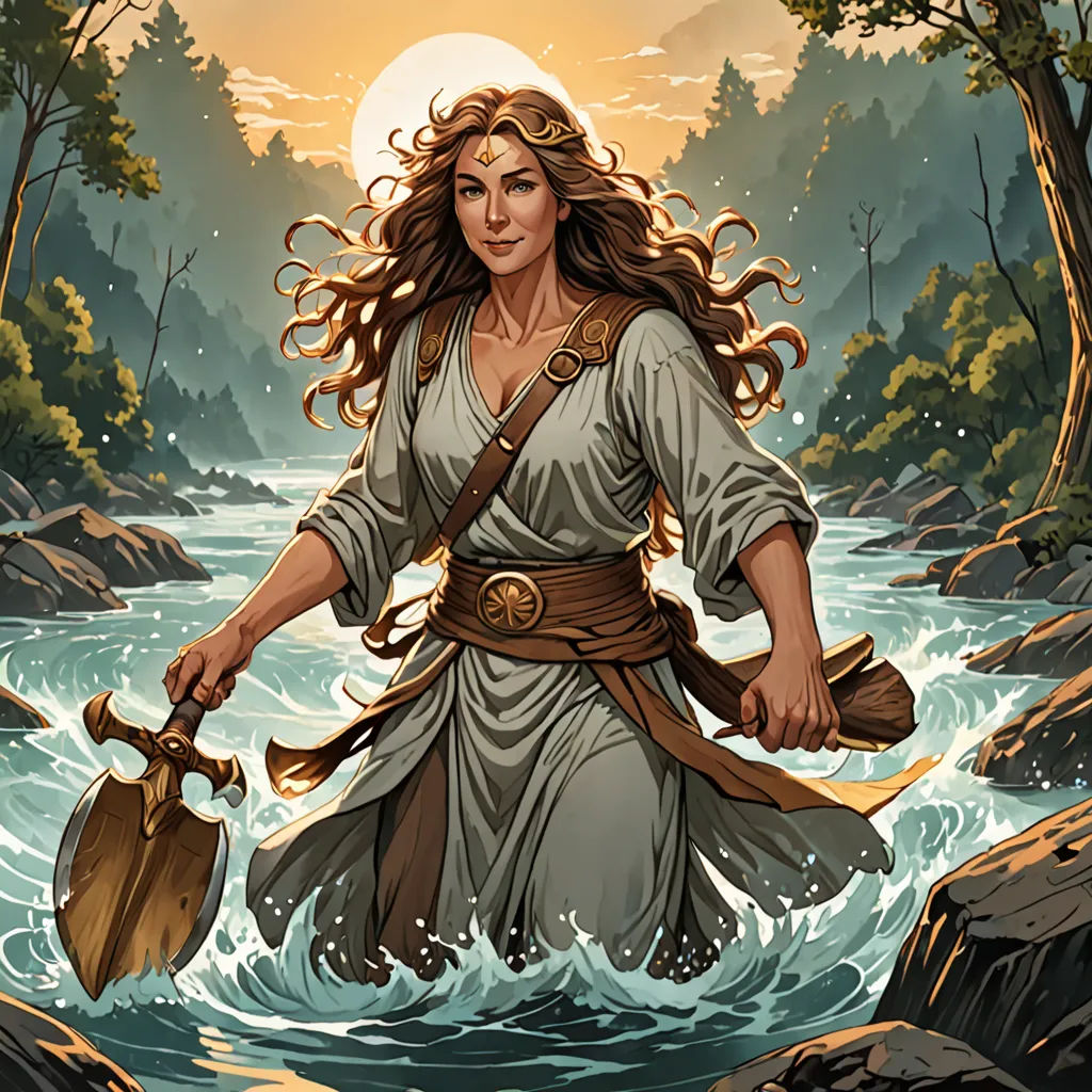 a woman in a white dress holding a paddle and a paddle in her hand in a river with trees and rocks, fantasy art, a character portrait, Christophe Vacher, magic the gathering artwork