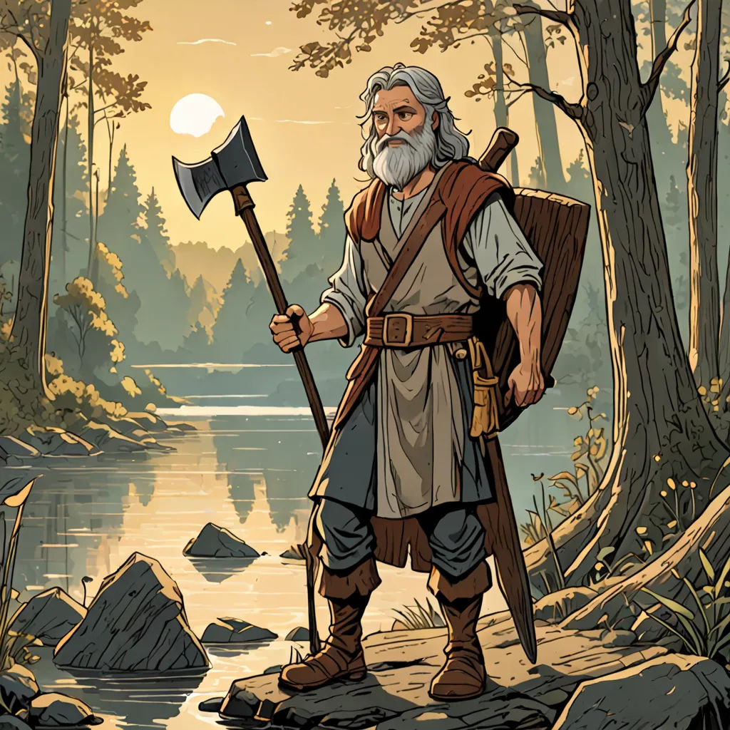 a man with a long beard and a beard holding a flag and a stick in his hand standing in a forest, fantasy art, a character portrait, Brothers Hildebrandt, epic fantasy character art