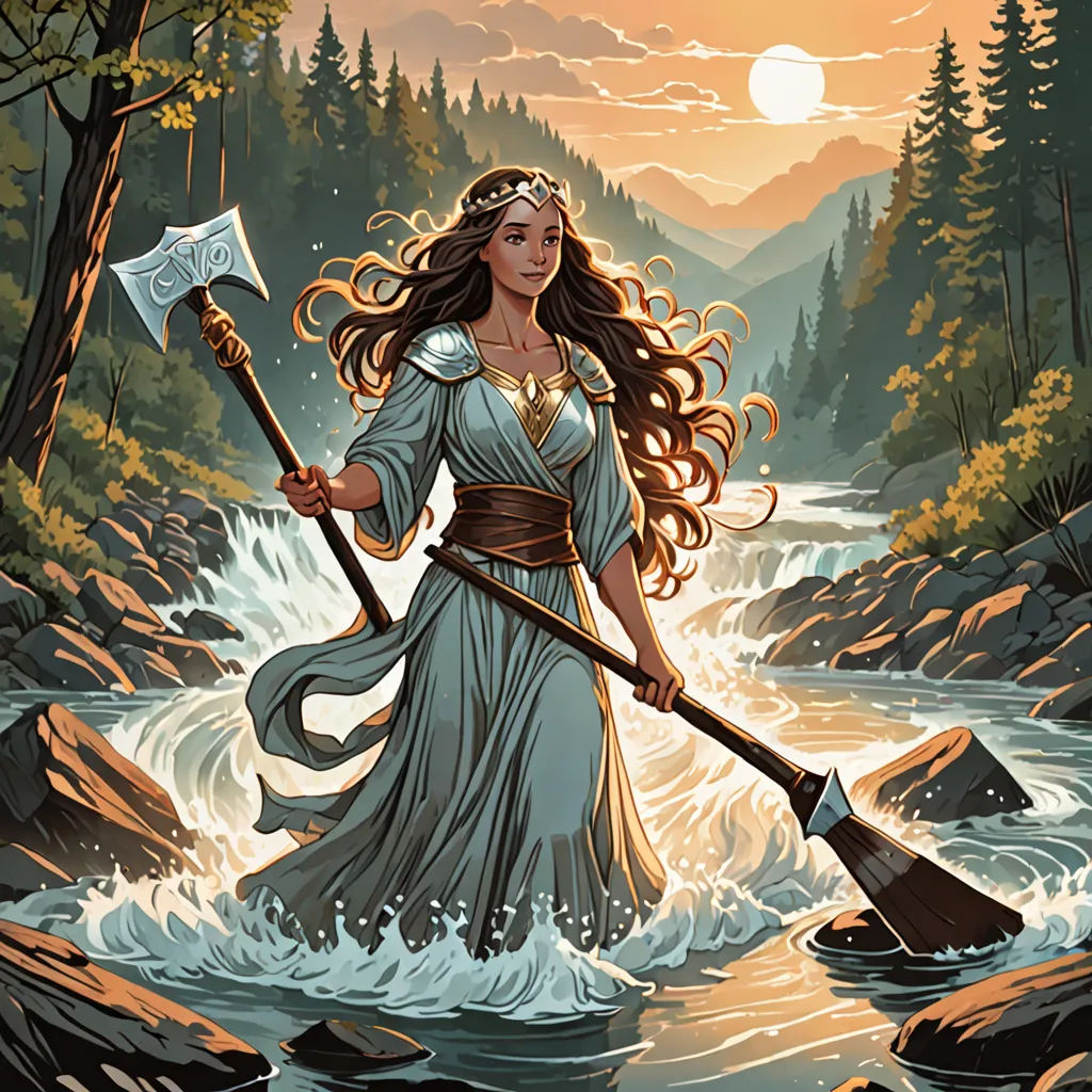 a woman in a white dress holding a paddle and a white flag in a river with rapids and trees, fantasy art, a storybook illustration, Dan Mumford, epic fantasy character art