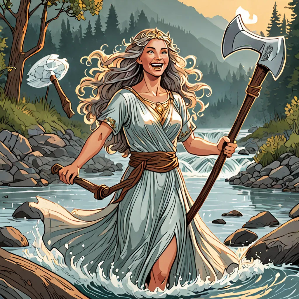 a woman in a white dress holding an ax and a hammer in her hand while standing in a river, fantasy art, a comic book panel, Dan Mumford, josan gonzales and dan mumford